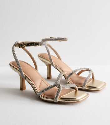 Gold Diamanté-Embellished Twisted-Strap Heel Sandals