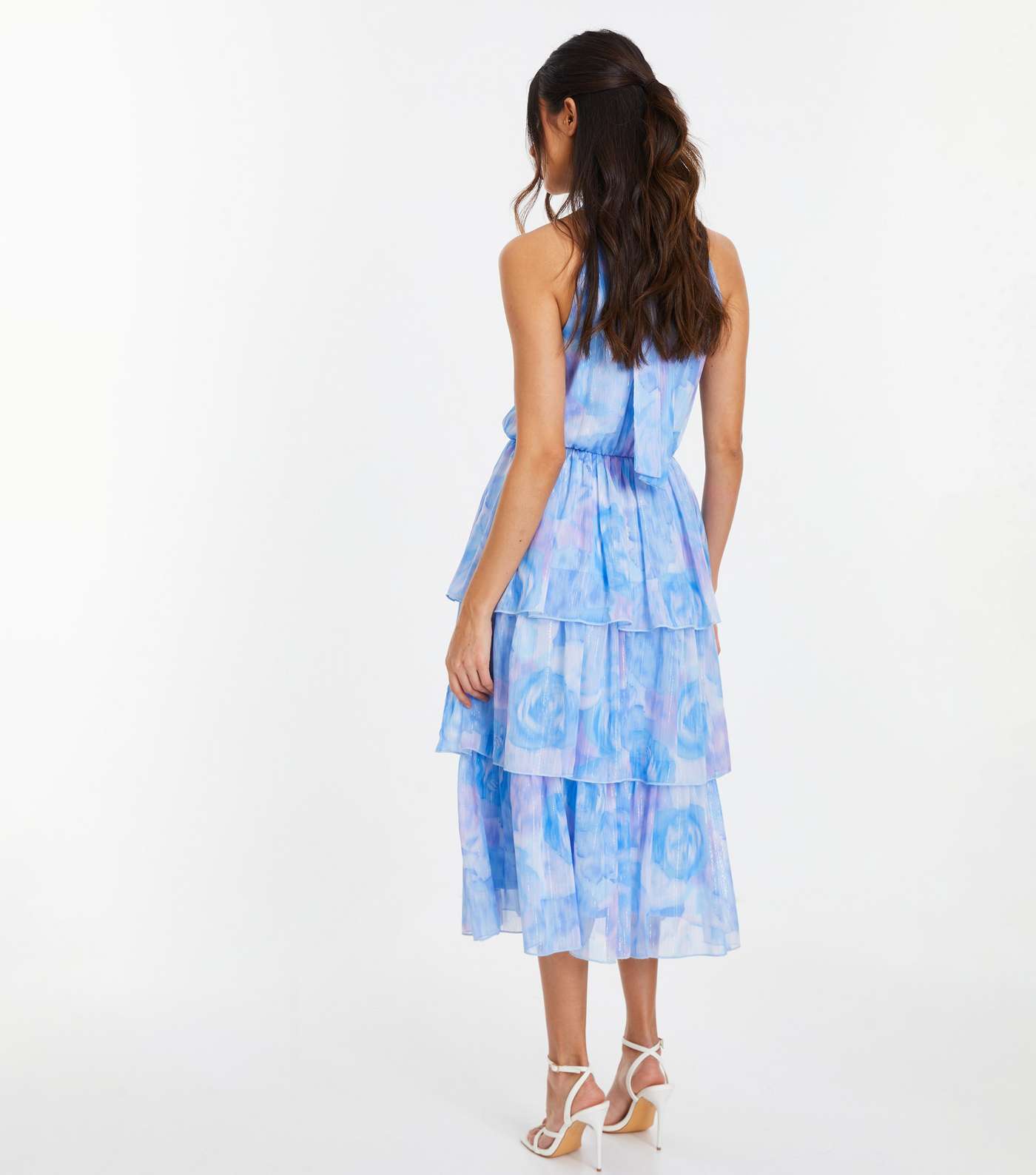 QUIZ Pale Blue Floral Tiered Midi Dress Image 3
