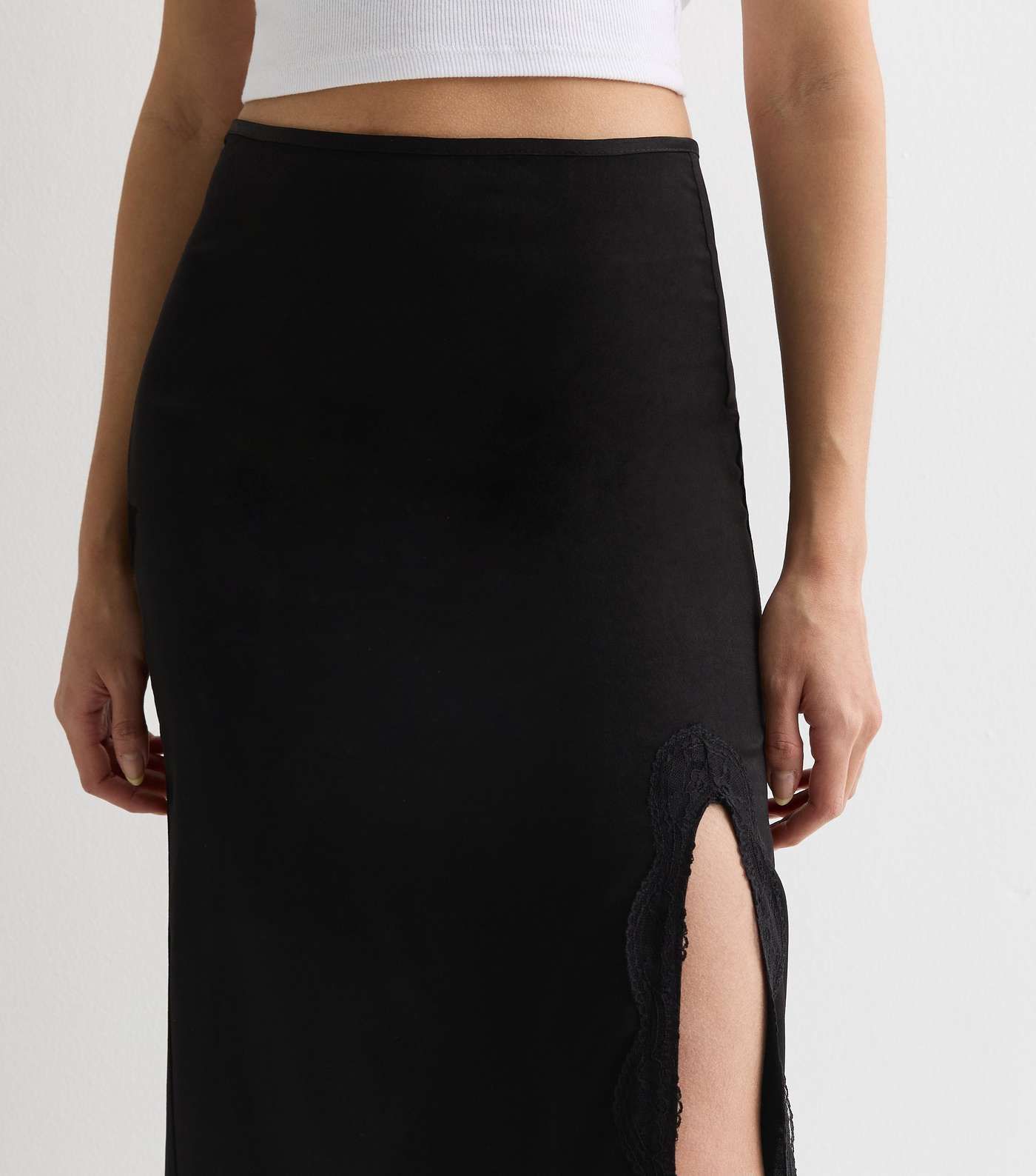 Gini London Black Satin Lace Split Hem Midi Skirt Image 3