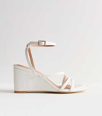 White Croc-Embossed Strappy Wedge Sandals 