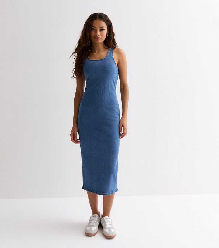 Petite Blue Stretch Denim Bodycon Midi Dress | New Look Petite Blue Stretch Denim Bodycon Midi Dress | New Look