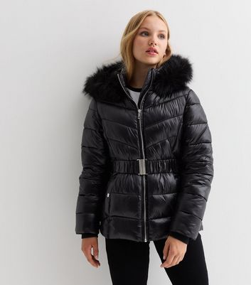 Girls Black Wet Look Belted Puffer Coat New Look