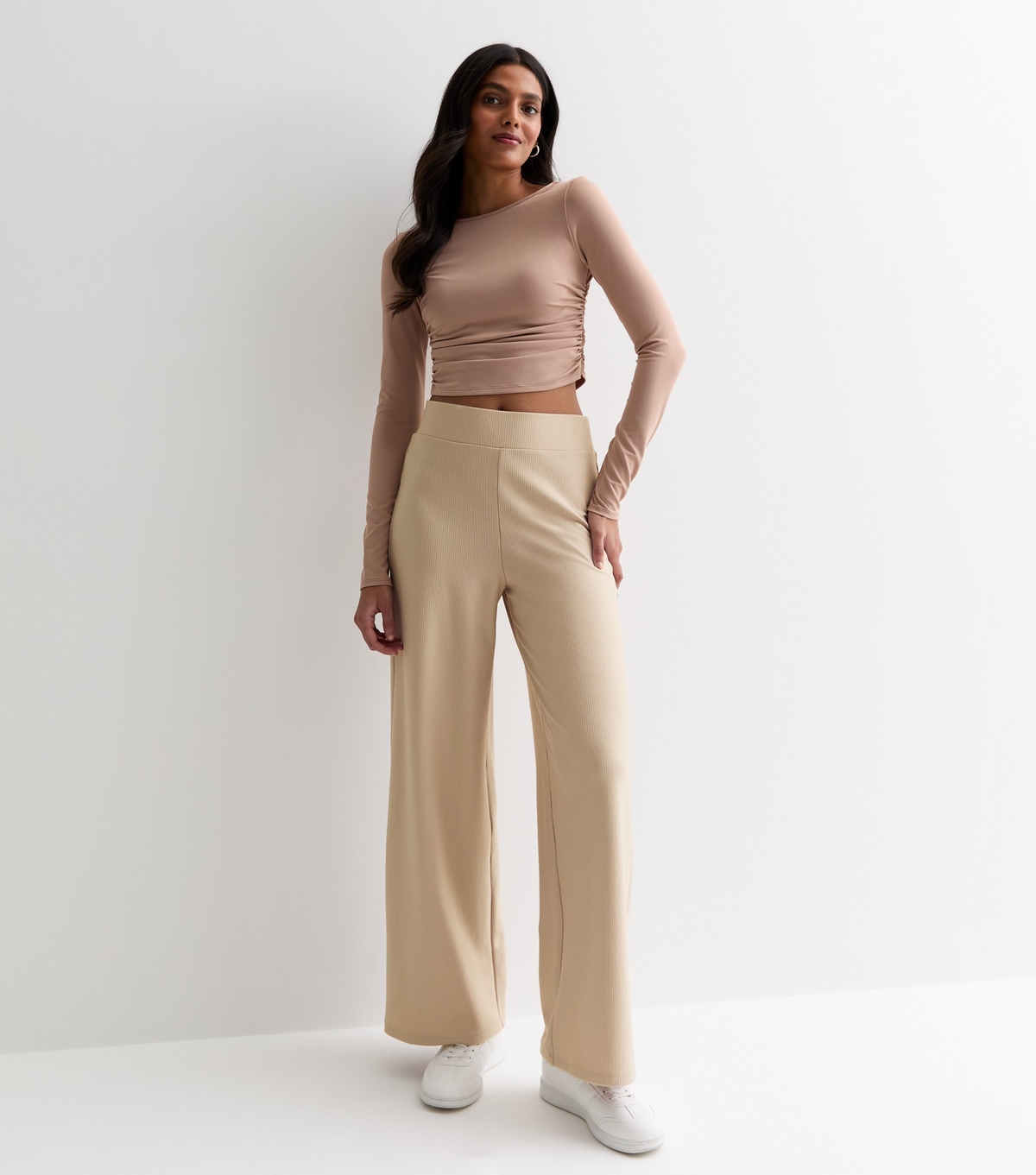 Women's Mink Ribbed Jersey Wide Leg Trousers New Look