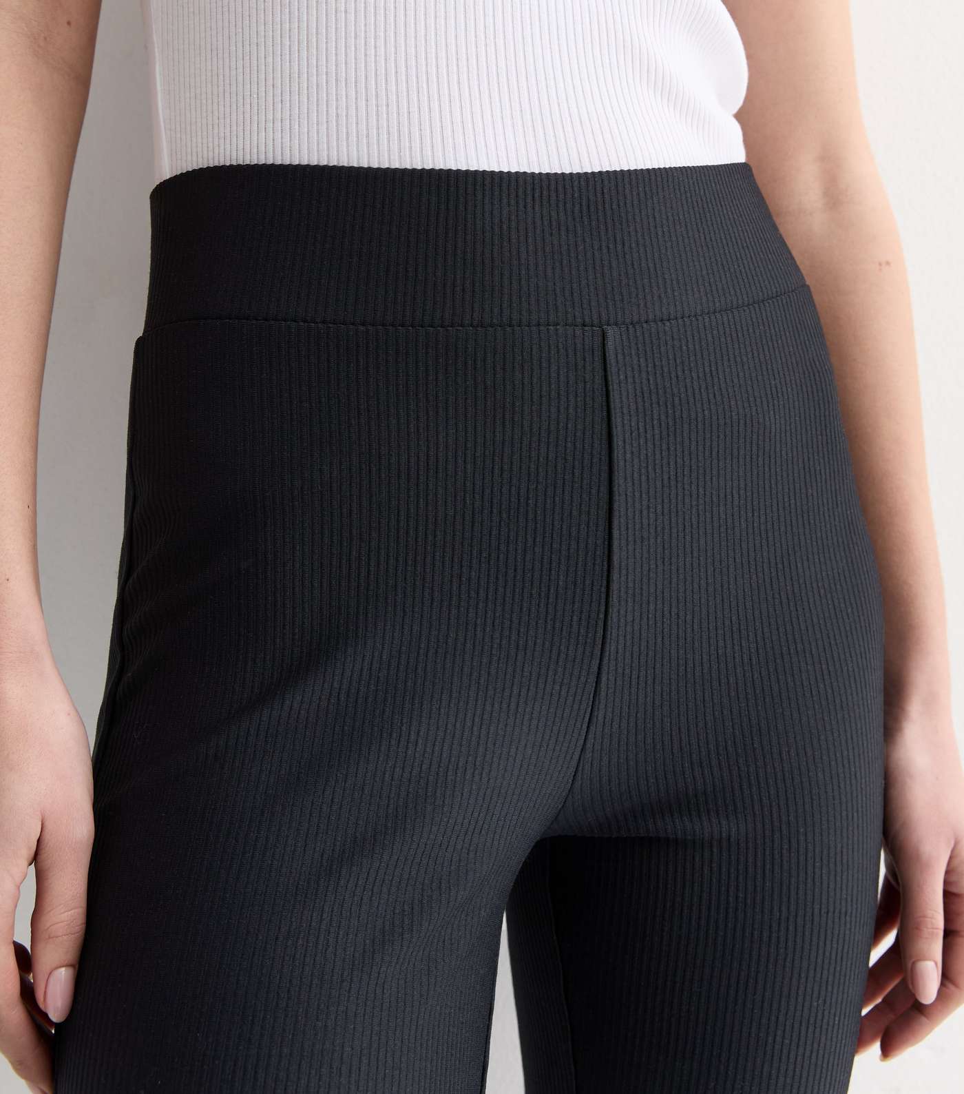 Black Ribbed Jersey Flared Trousers Image 2