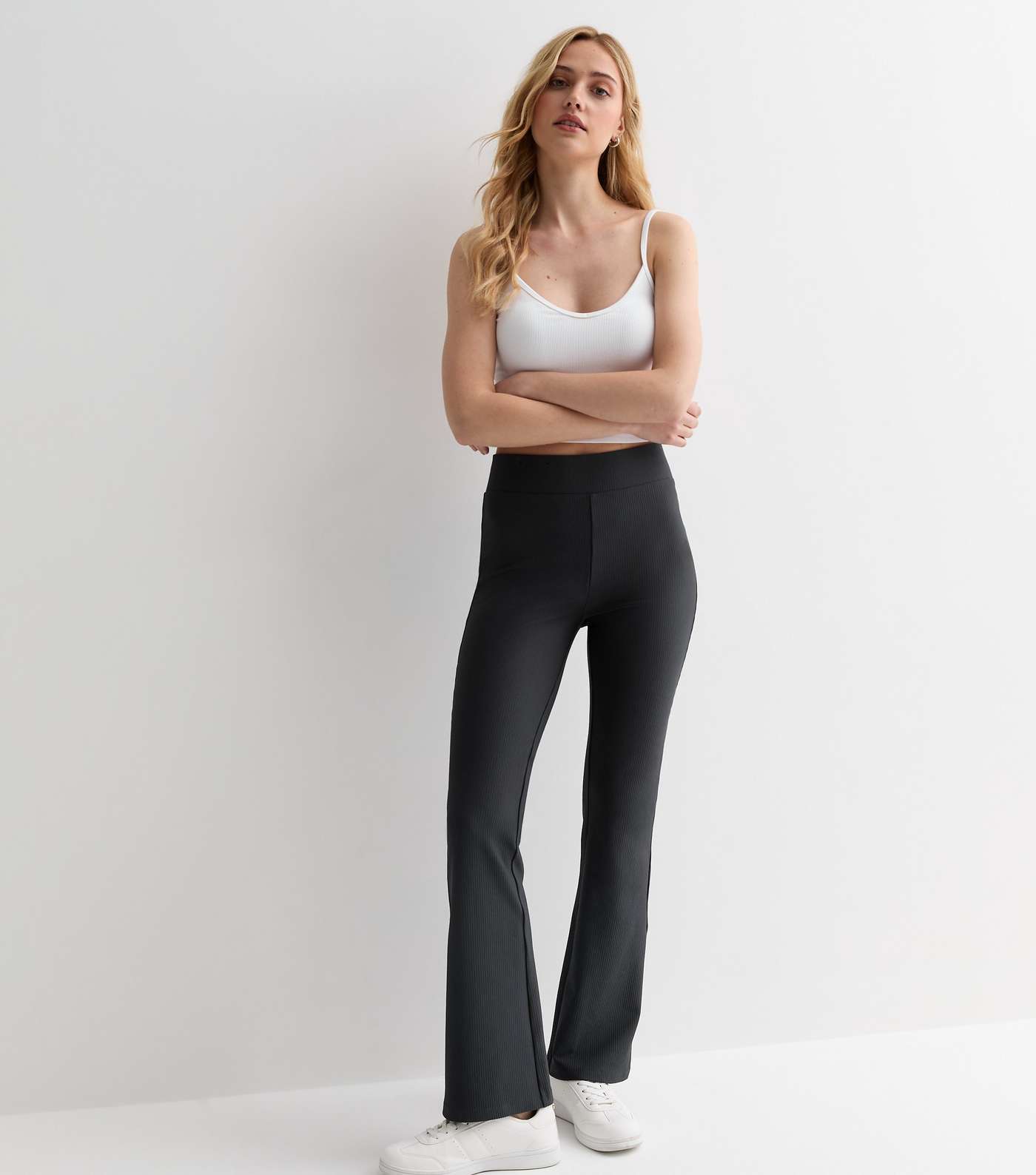 Dark Grey Ribbed Jersey Flared Trousers Image 3