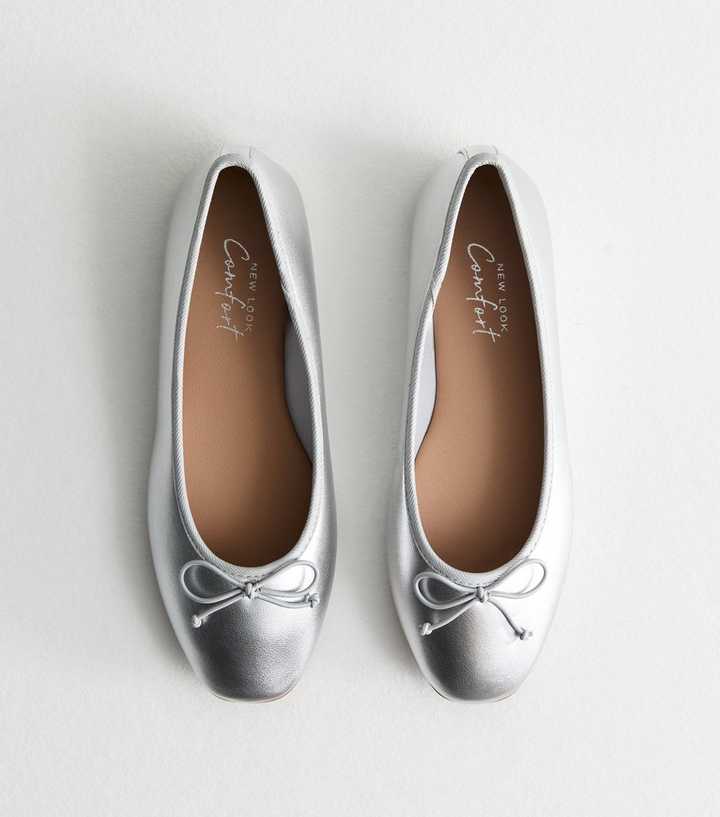 Silver Metallic Leather-Look Ballerina Pumps