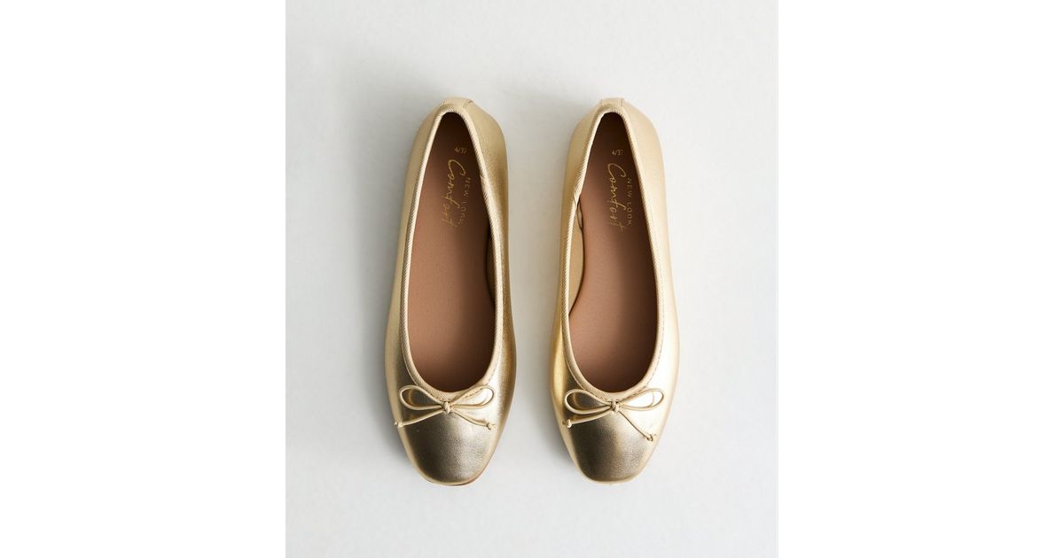 Gold Metallic Leather-Look Ballerina Pumps New Look