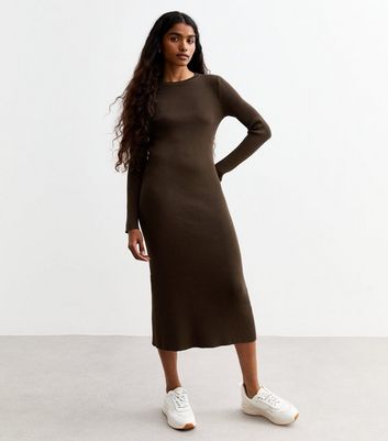 Petite Dark Brown Rib Knit Midi Dress New Look