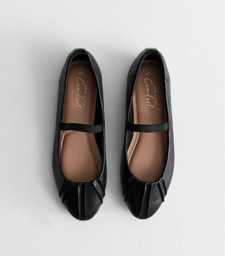 Black Leather-Look Pleated-Toe Ballet Flats | New Look
