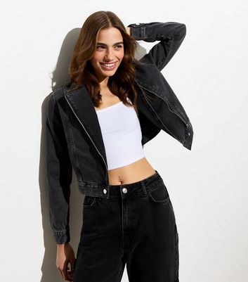 Black Denim Biker Jacket New Look