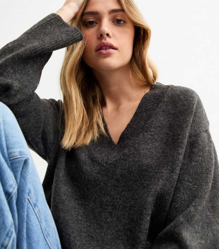Dark Grey Wide V Neck Knit Jumper
