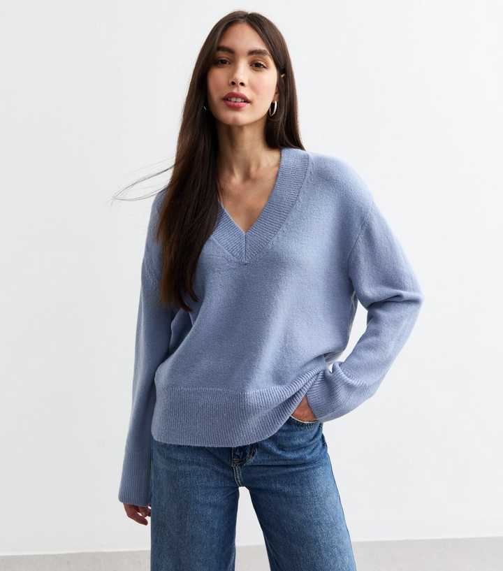 Blue Wide V Neck Knit Jumper New Look