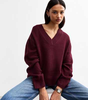 Burgundy Wide V Neck Knit Jumper