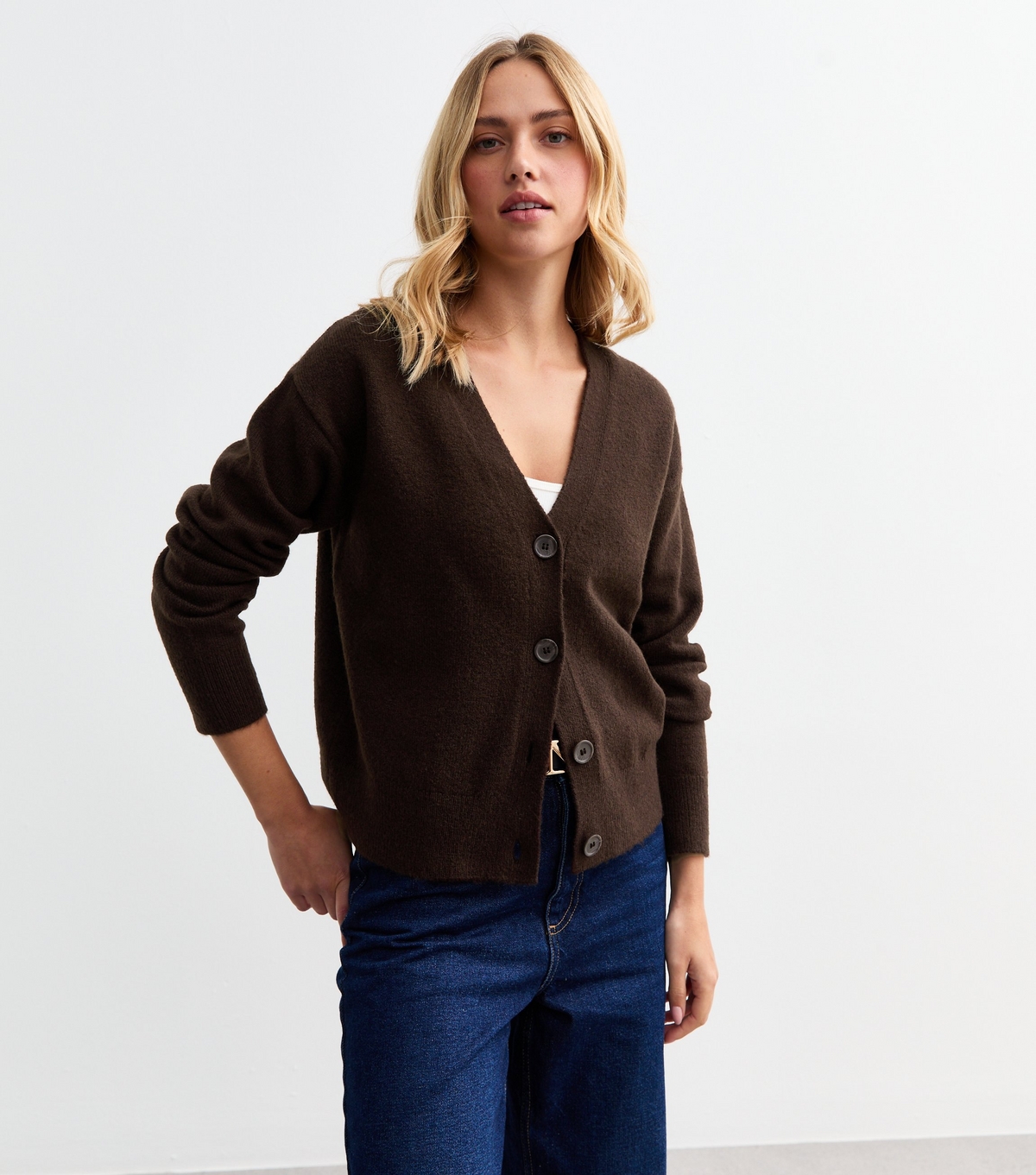 Women's Dark Brown Button Knit Cardigan New Look