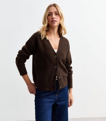 Dark Brown Button Knit Cardigan New Look