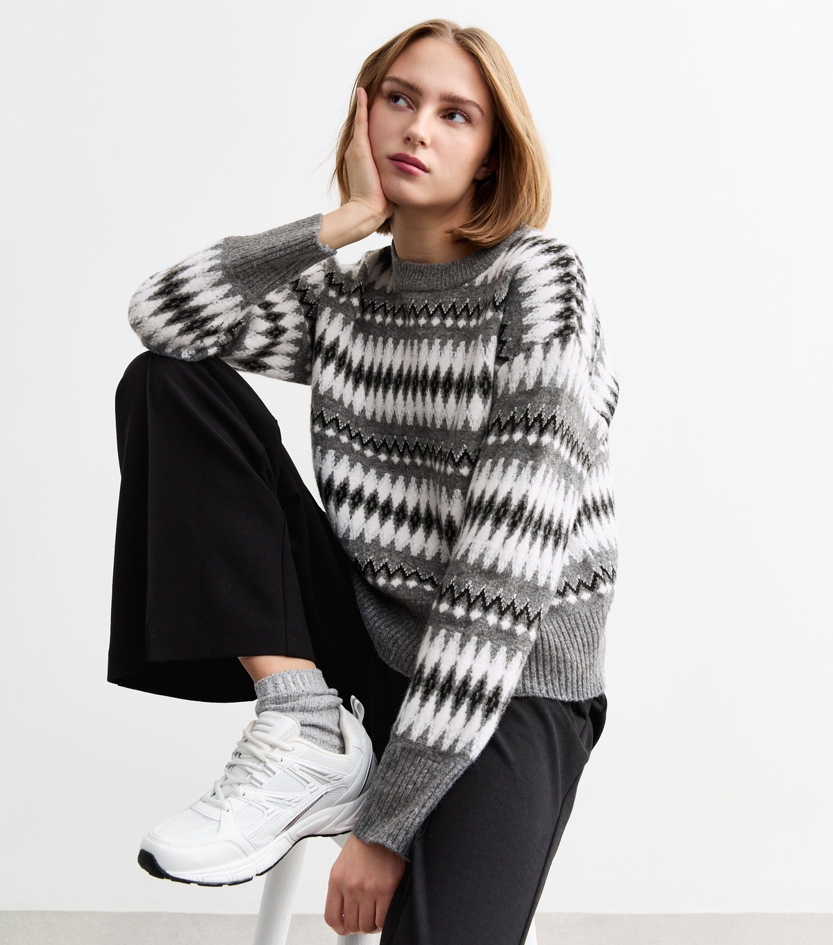 Women's Grey Christmas Pattern Knit Long Sleeve Jumper New Look