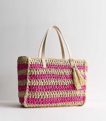 Pink Stripe Raffia Tote Bag
