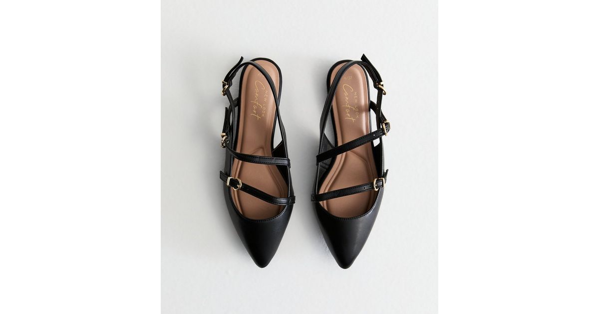 Black Multistrap Pointed Toe Slingback Flats New Look