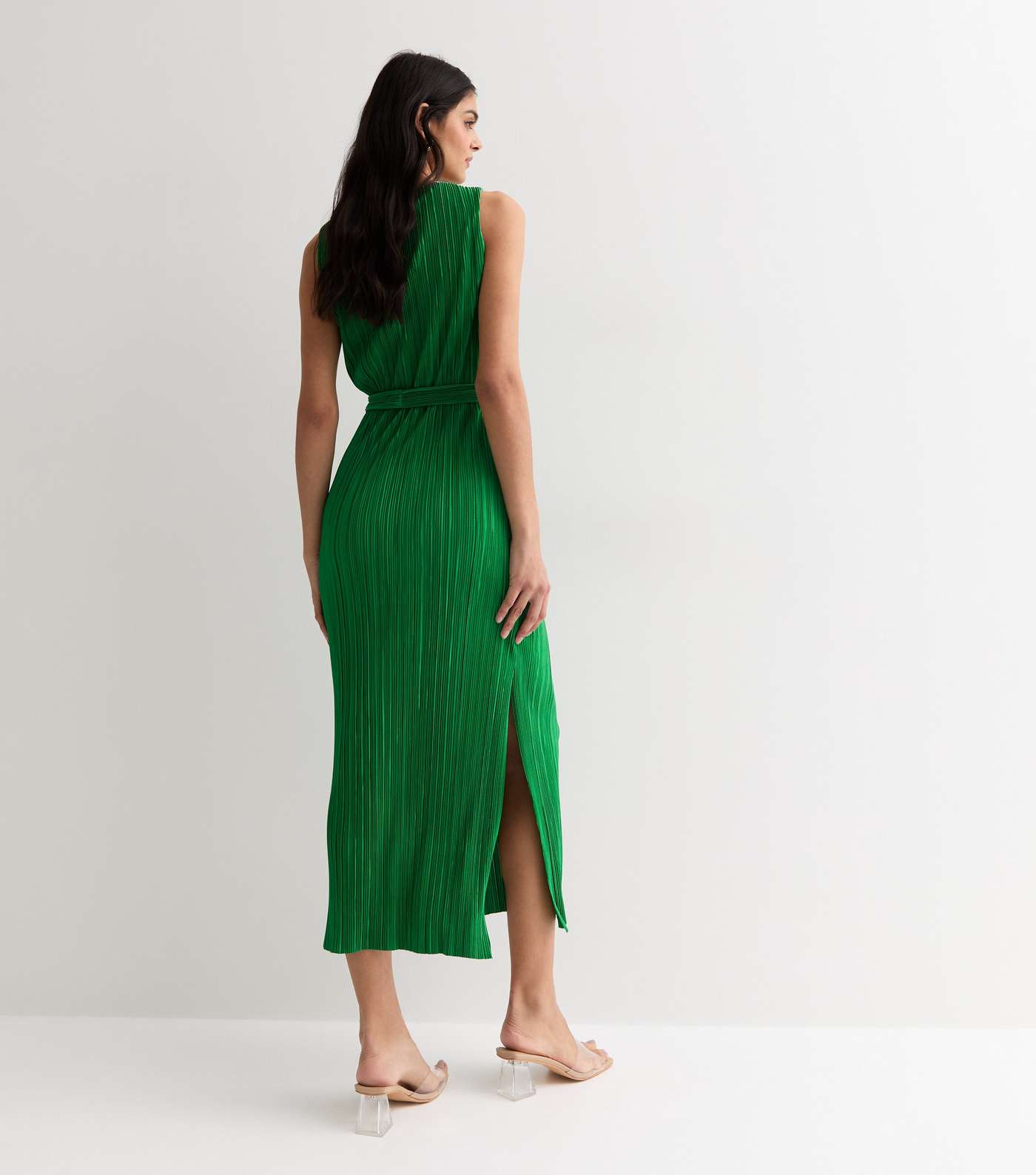Green Plisse Sleeveless Belted Split Hem Midi Dress Image 4