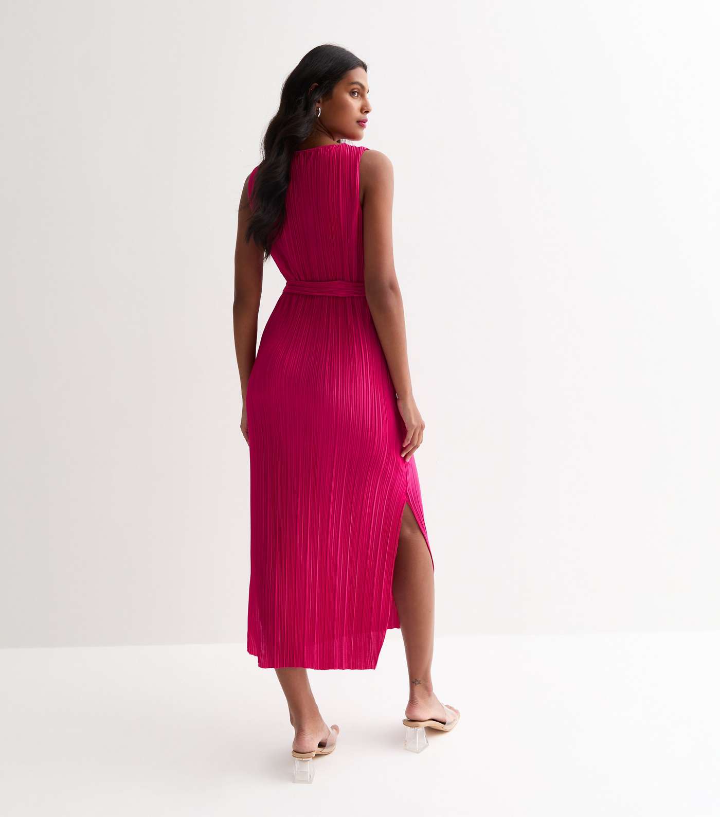 Bright Pink Plisse Sleeveless Belted Split Hem Midi Dress Image 4