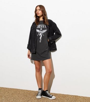 Grey Nirvana Logo Mini T-Shirt Dress New Look