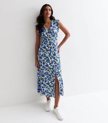 Blue Floral Button Front Midi Dress New Look