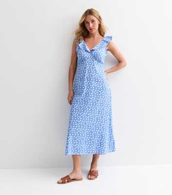 Blue Polka Dot Frill-Trim Midi Dress