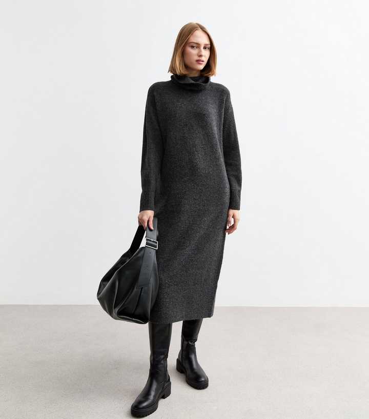 Dark Grey Roll Neck Midi Jumper Dress