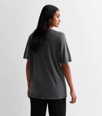 Dark Grey Acid Wash Cotton Sunrise Logo Oversized T-Shirt New Look