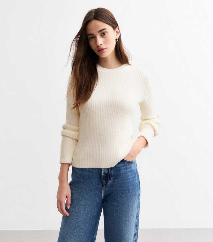 Off White Ribbed Fluffy Long Sleeve Jumper