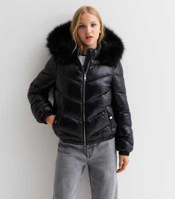 Girls Black Wet Look Puffer Coat 