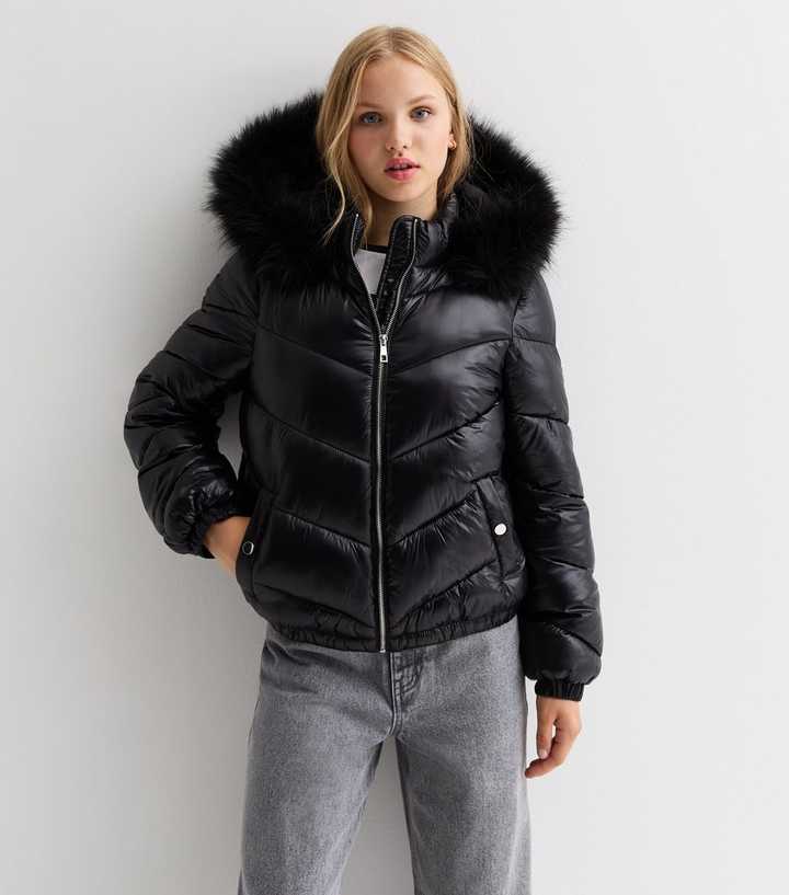 Girls Black Wet Look Puffer Coat 