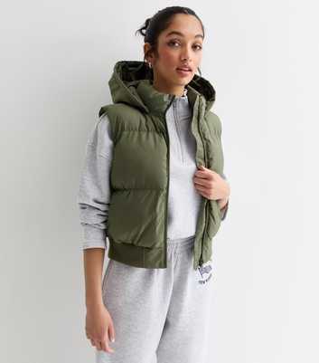 Girls Khaki Hooded Puffer Gilet 