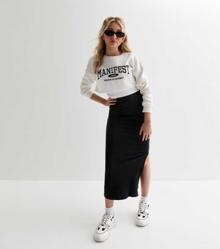 Girls Black Ribbed Split Hem Maxi Skirt