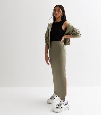 Girls Khaki Ribbed Split Hem Maxi Skirt New Look