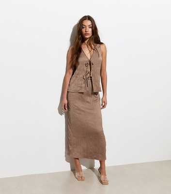 Light Brown Crinkle High Waist Midi Skirt