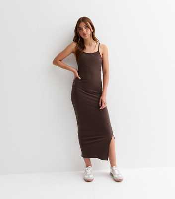 Girls Brown Ribbed Strappy Maxi Dress