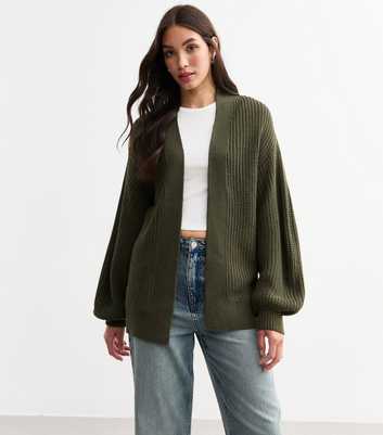 Khaki Balloon Sleeve Chunky Knit Cardigan 