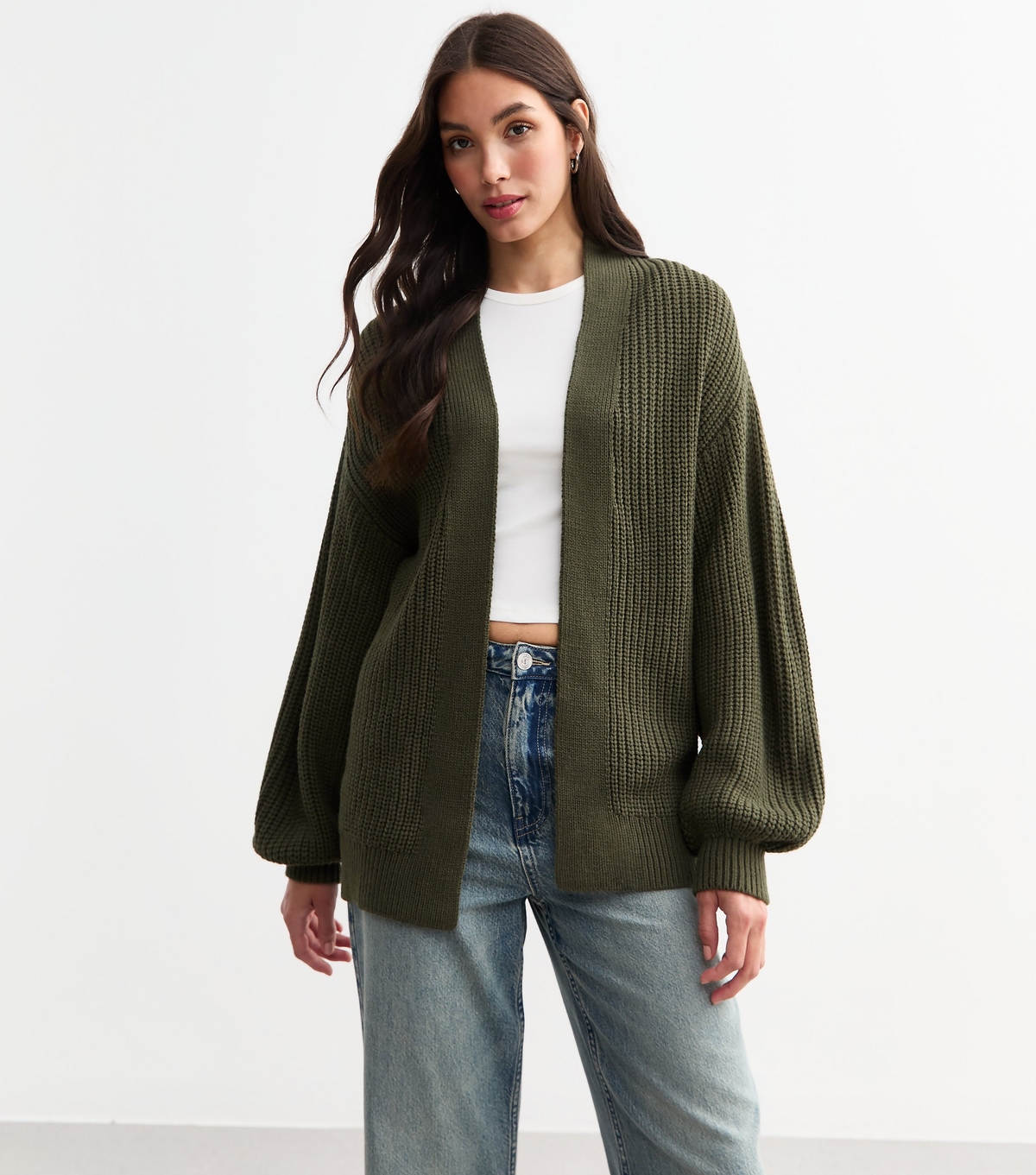 Women's Khaki Balloon Sleeve Chunky Knit Cardigan New Look