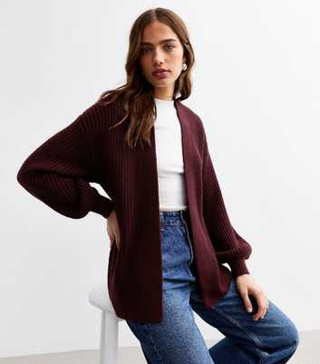 Burgundy Balloon Sleeve Chunky Knit Cardigan 