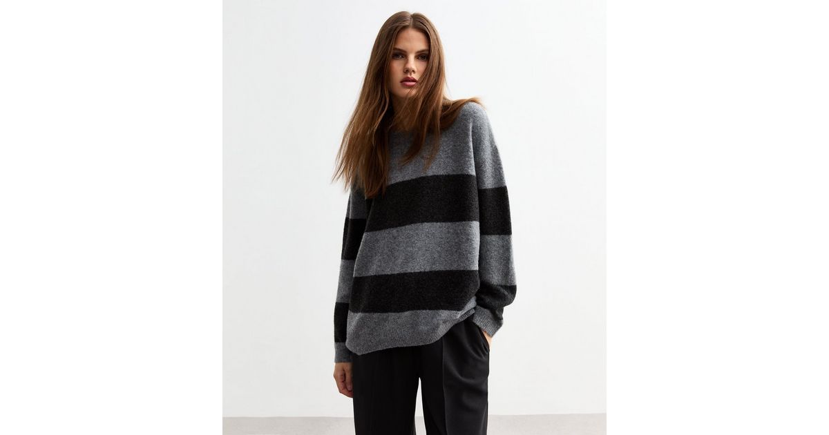Grey Striped Cropped Sleeveless Jumper with Front Pockets