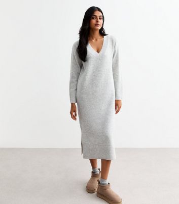 V Neck Jumper Dresses For Ladies Stone Ribbed V Neck Midi Jumper - Main Image