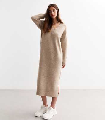 Mink V Neck Knit Midi Jumper Dress