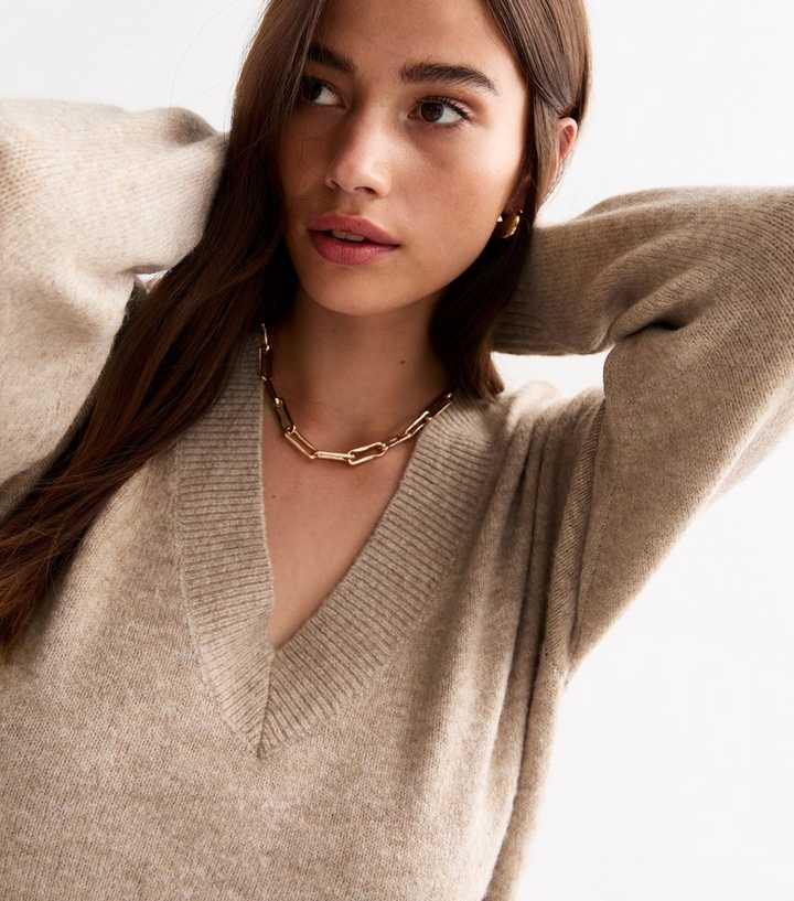 Mink V Neck Knit Midi Jumper Dress | New Look