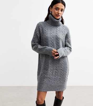 Grey Cable Roll Neck Knit Mini Dress