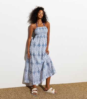 Blue Cotton Shirred Tile-Print Bandeau Maxi Dress 
