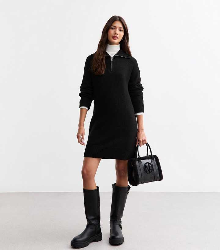 Black Knitted Half Zip Mini Jumper Dress | New Look