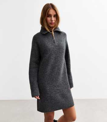 Grey Knitted Half Zip Mini Jumper Dress