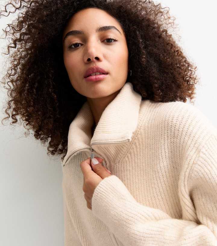 Cream Rib Knit High Neck Cardigan