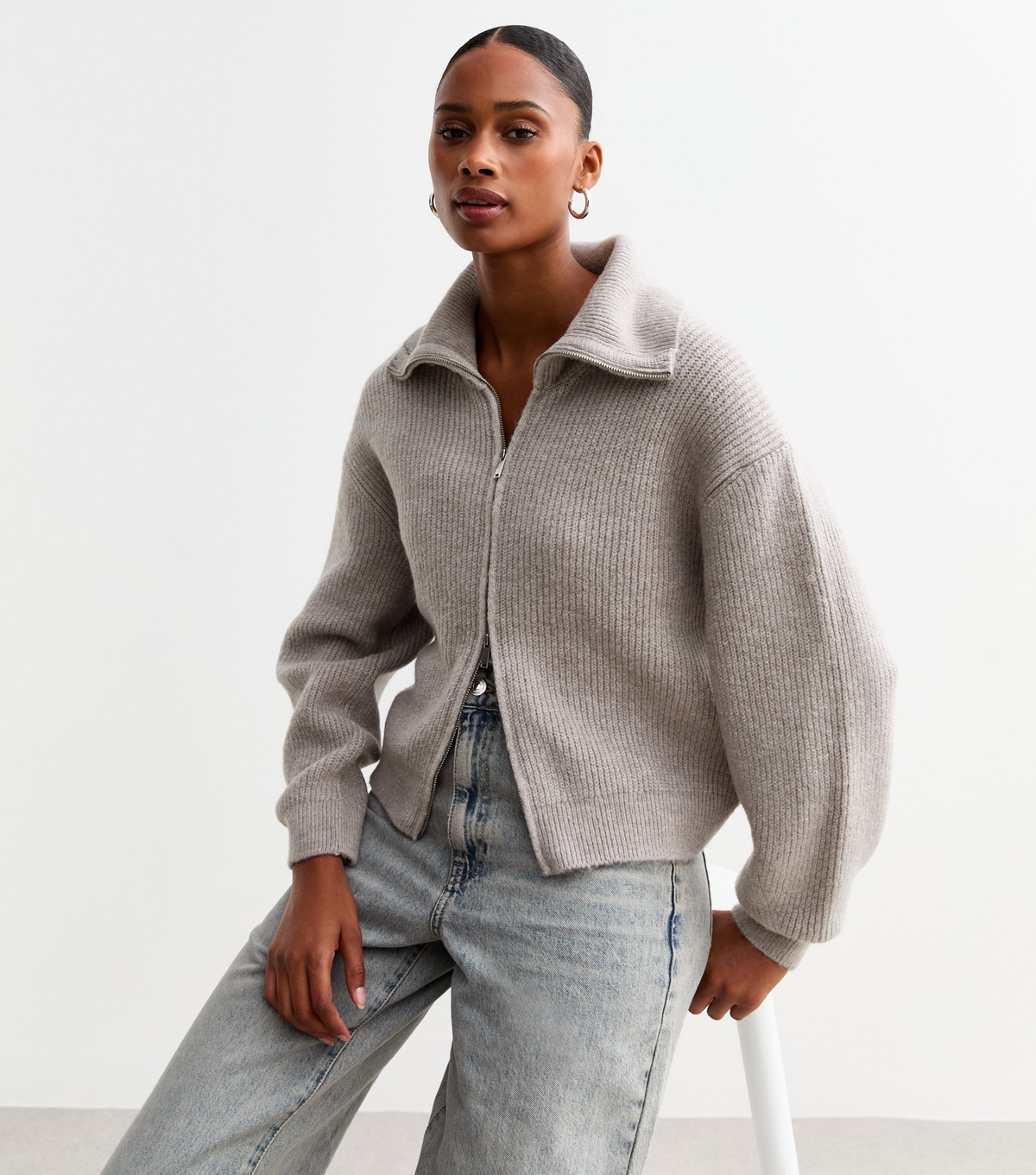 Women's Mink High Neck Knitted Bomber Cardigan New Look